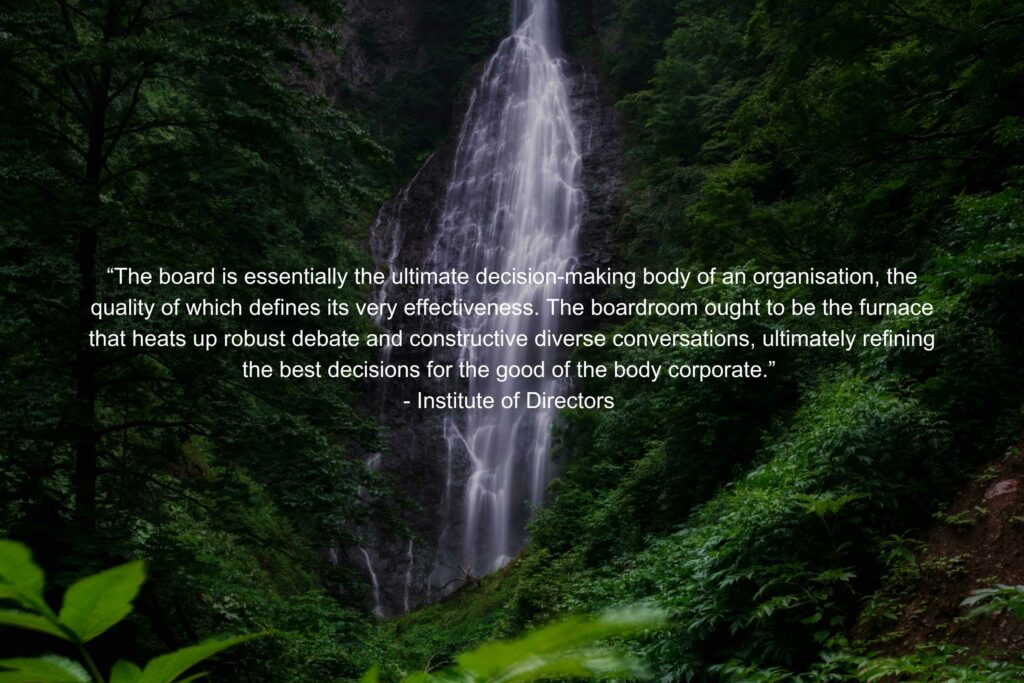 “The board is essentially the ultimate decision-making body of an organisation, the quality of which defines its very effectiveness. The boardroom ought to be the furnace that heats up robust debate and constructive diverse conversations, ultimately refining the best decisions for the good of the body corporate.” - Institute of Directors